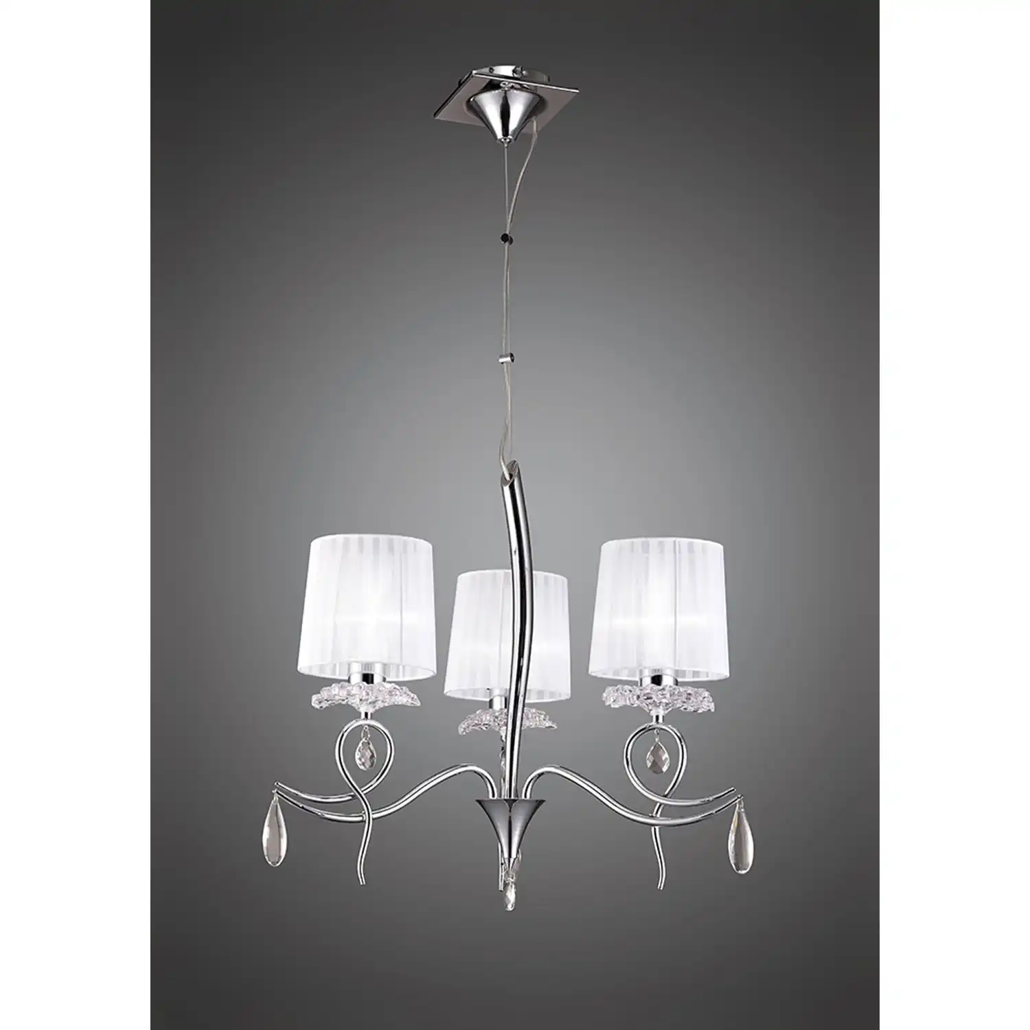 Louise Pendant 3 Light E27 With White Shades Polished Chrome Clear Crystal