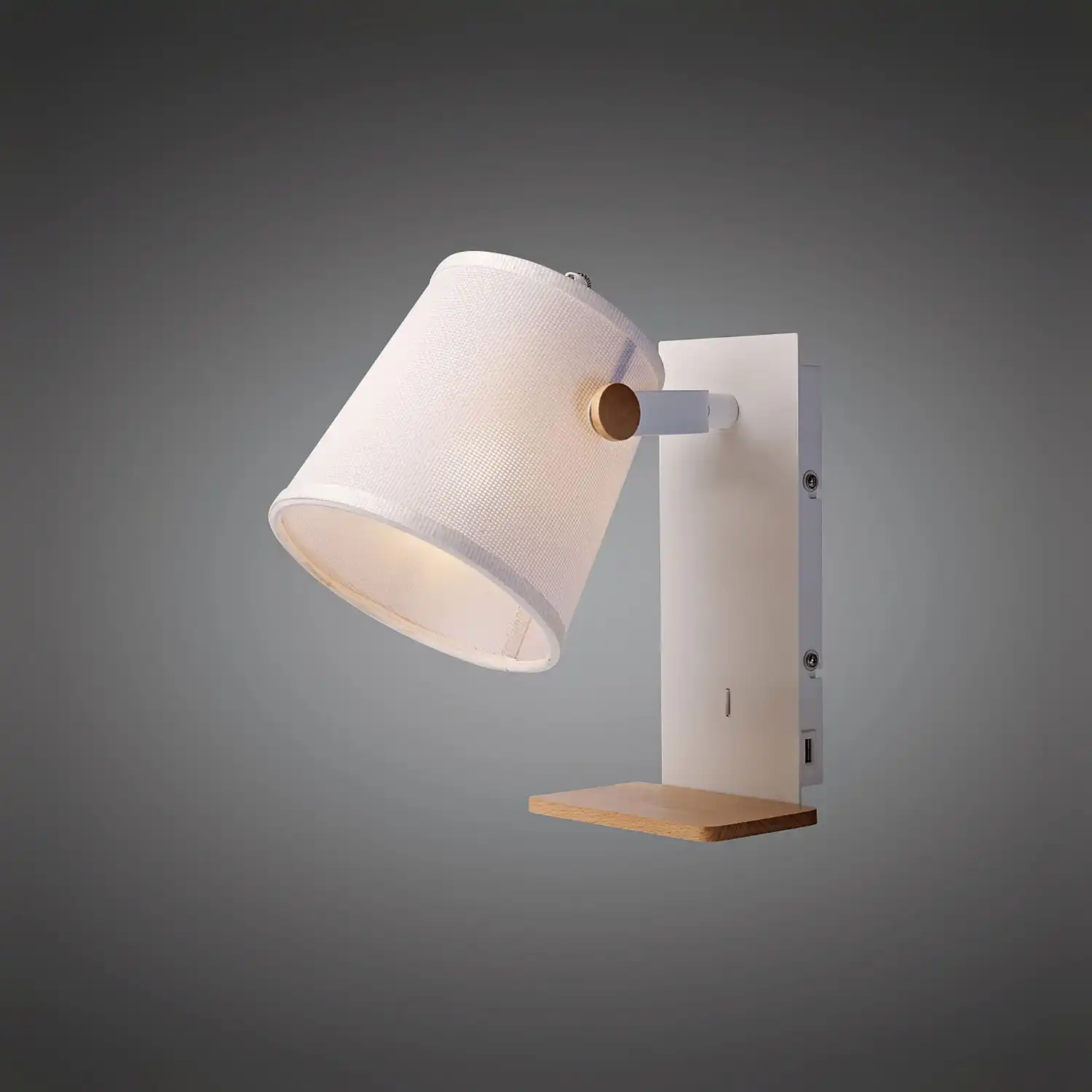 Nordica II Position Switched Wall Light With USB Socket, 1x23W E27, White Beech With White Shade