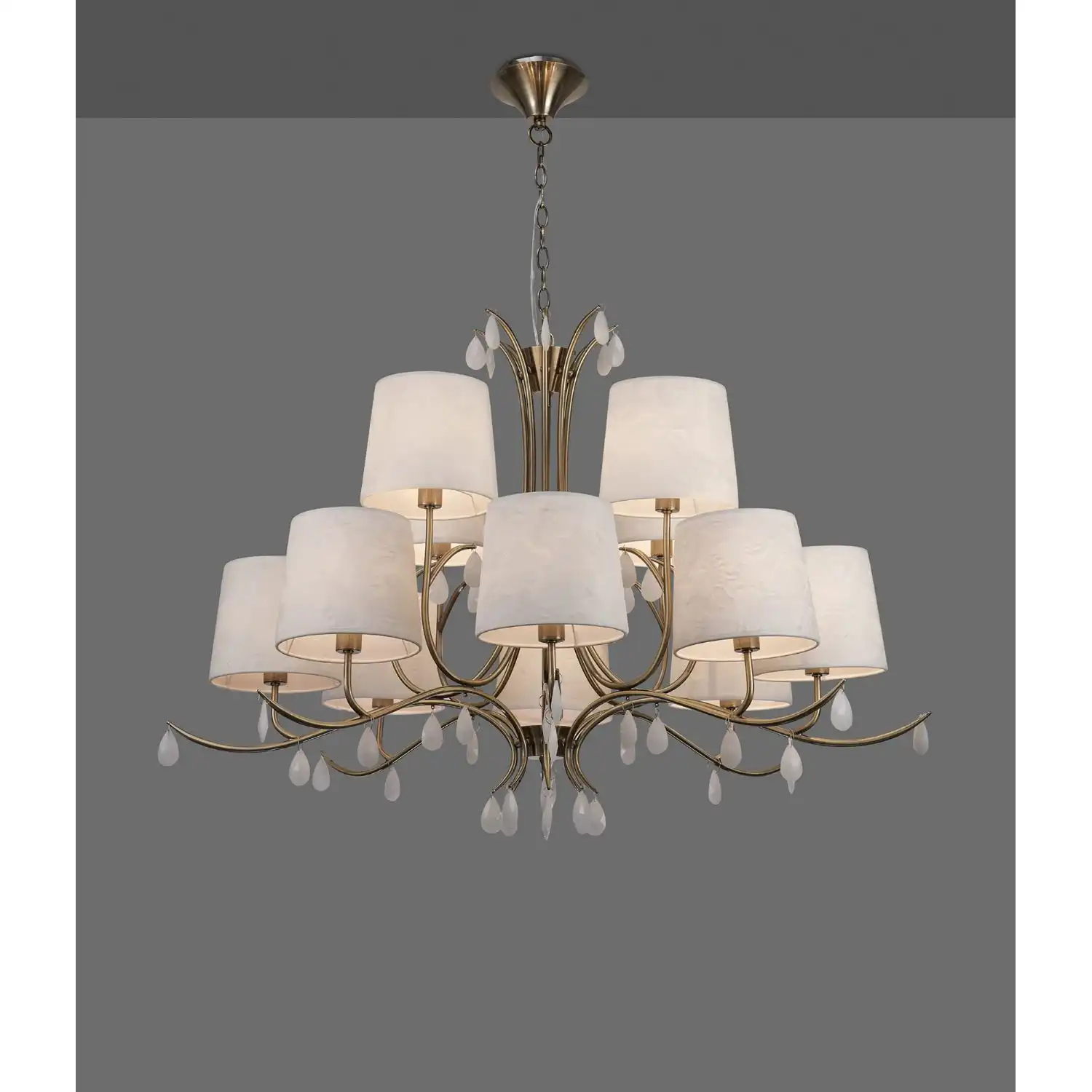 Andrea Pendant 100cm Round, 8+4 x E14 (Max 20W), Antique Brass, White Shades, White Crystal Droplets