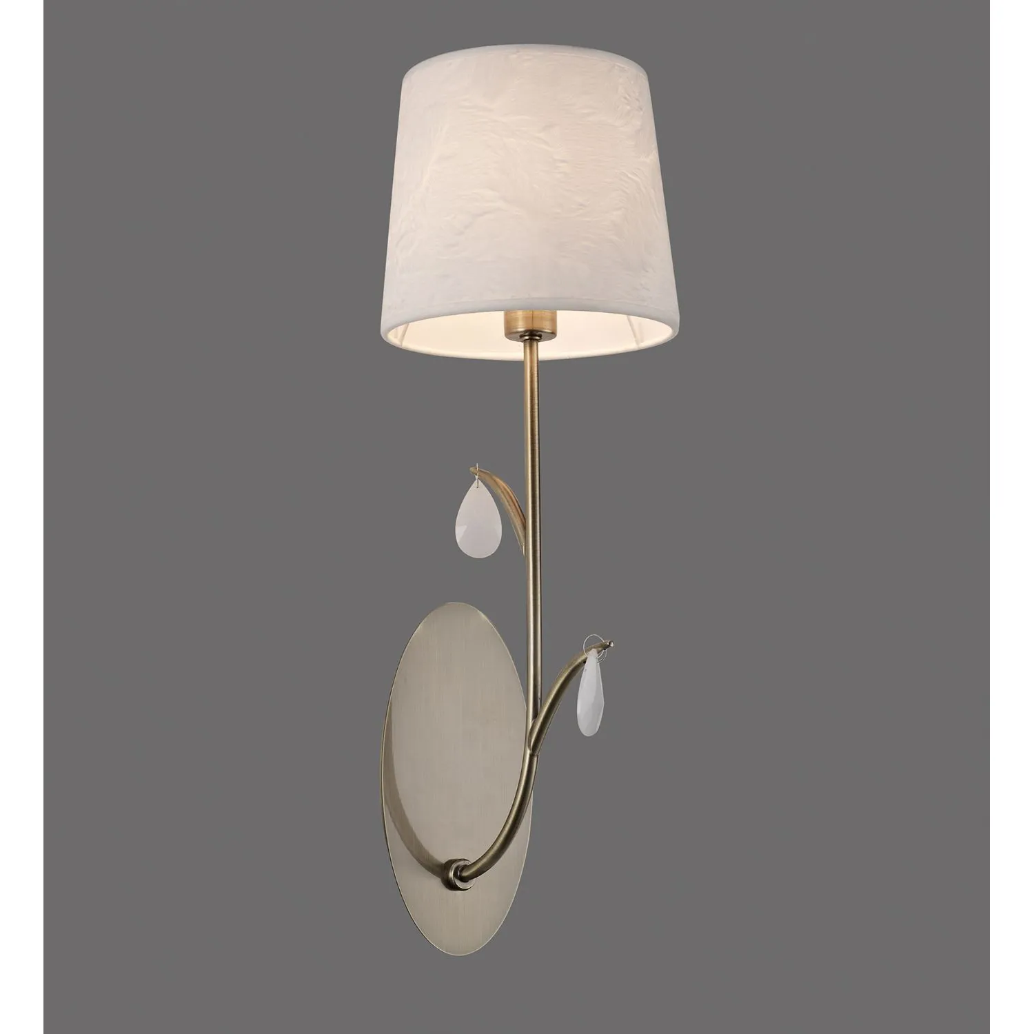 Andrea Wall Light, 1 x E14 (Max 20W), Antique Brass, White Shades, White Crystal Droplets