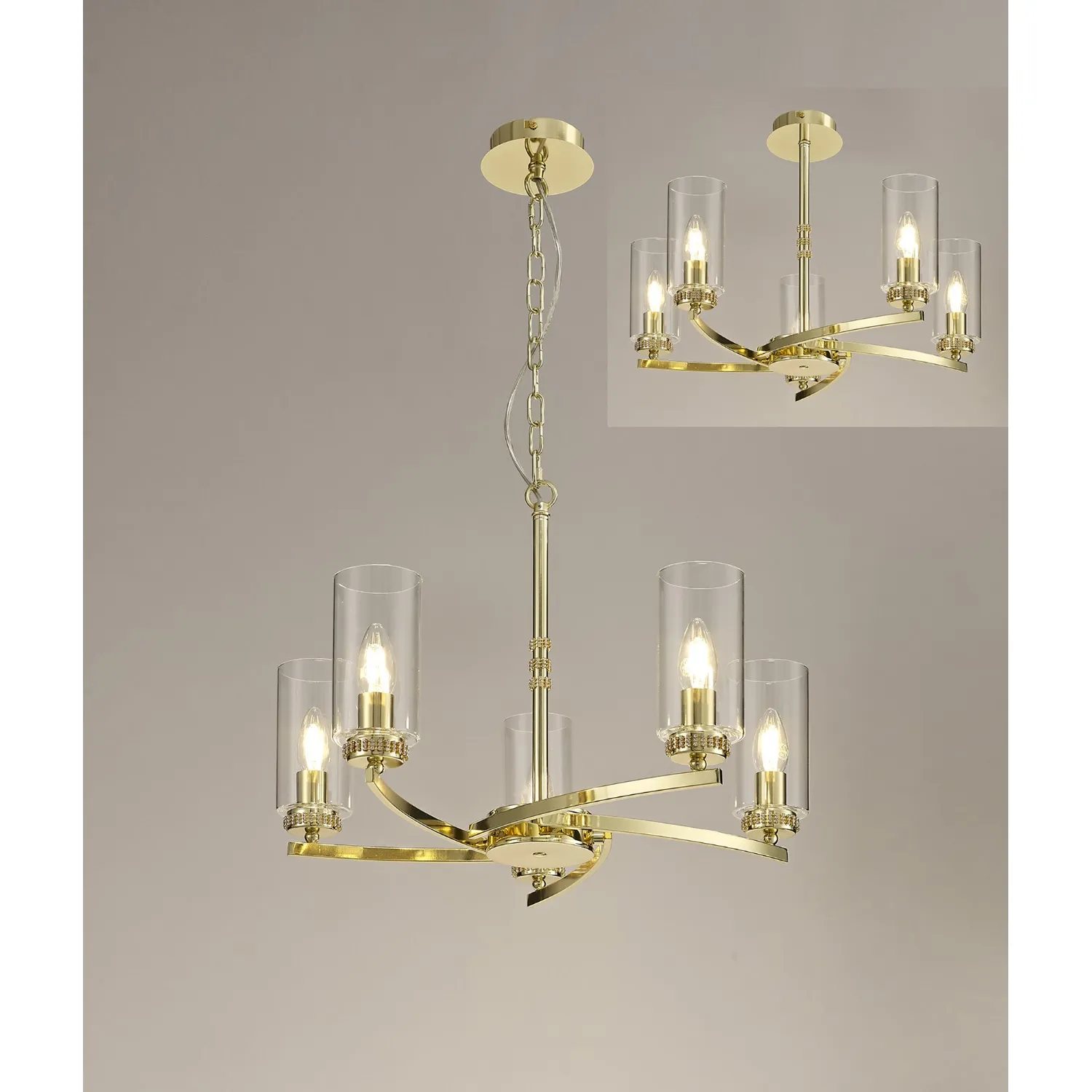 Buckingham Pendant Semi Flush, 5 x E14, Polished Gold