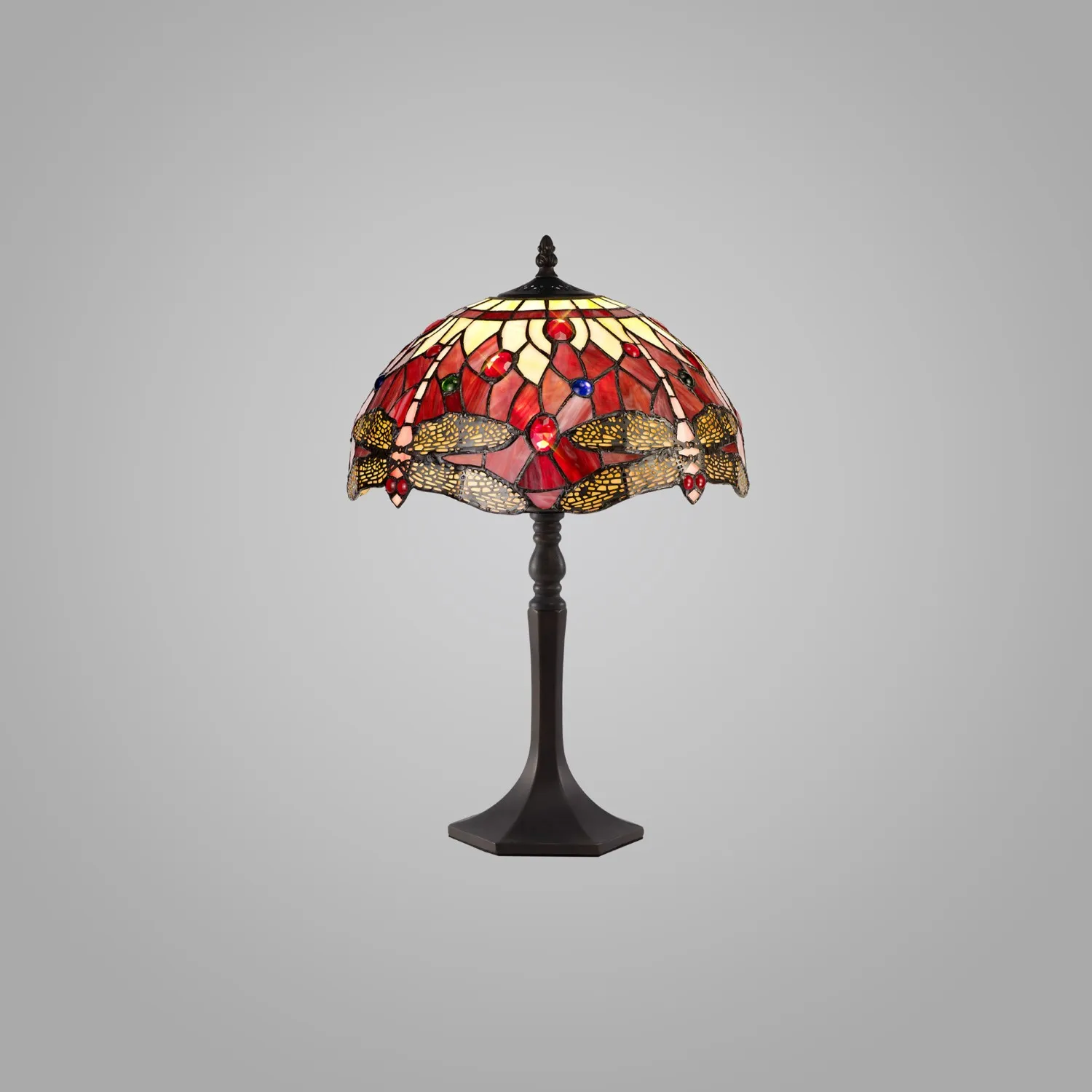 Hitchin 1 Light Octagonal Table Lamp E27 With 30cm Tiffany Shade, Purple Pink Crystal Aged Antique Brass