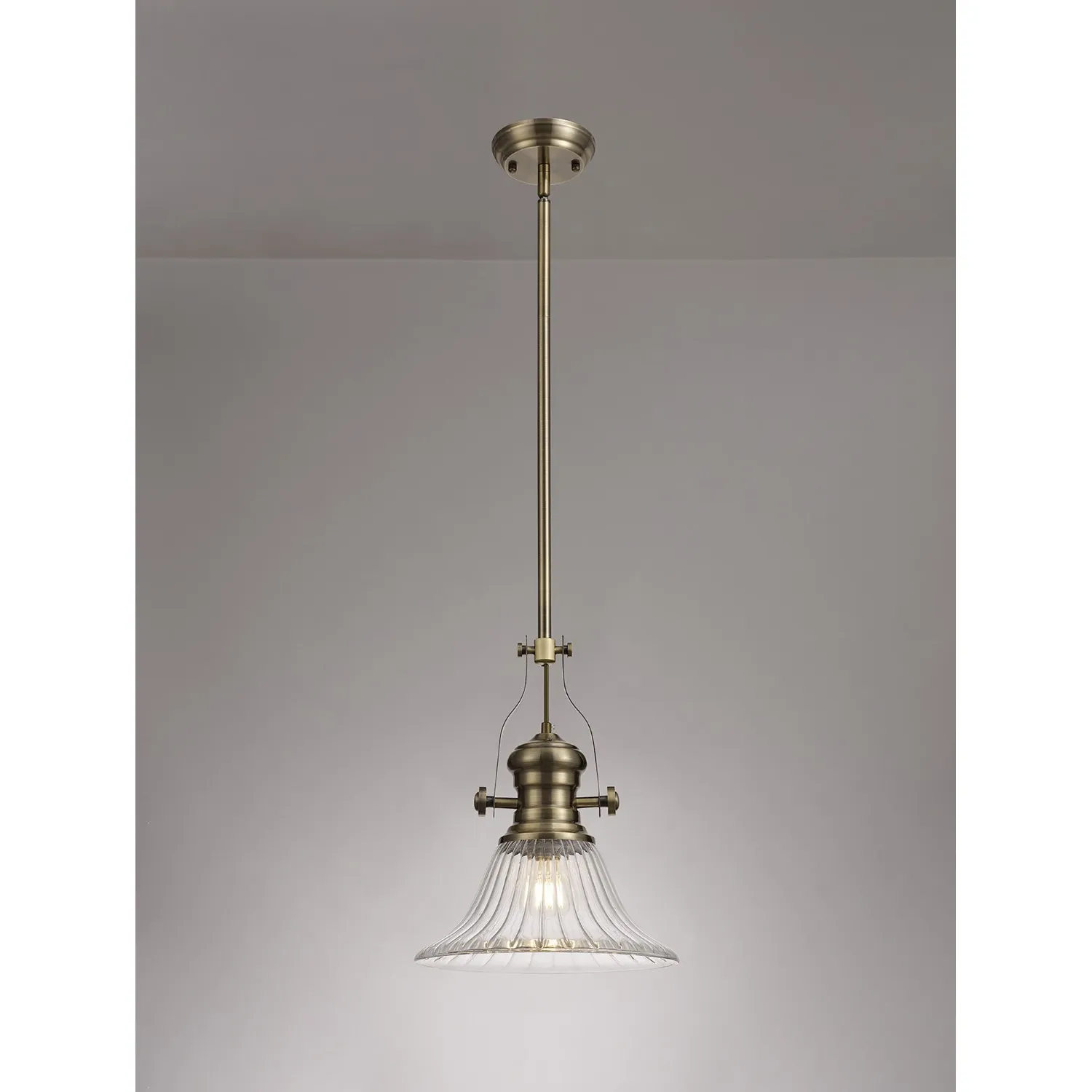 Sandy 1 Light Pendant E27 With 30cm Bell Glass Shade, Antique Brass Clear