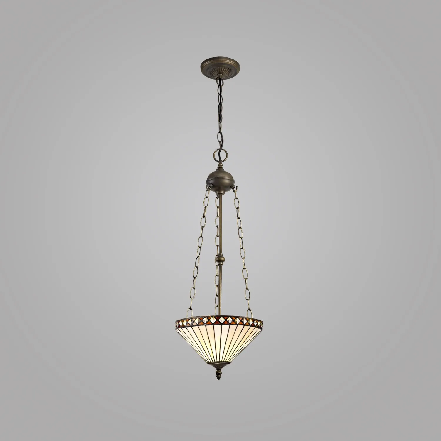 Rayleigh 3 Light Uplighter Pendant E27 With 30cm Tiffany Shade, Amber Cream Crystal Aged Antique Brass