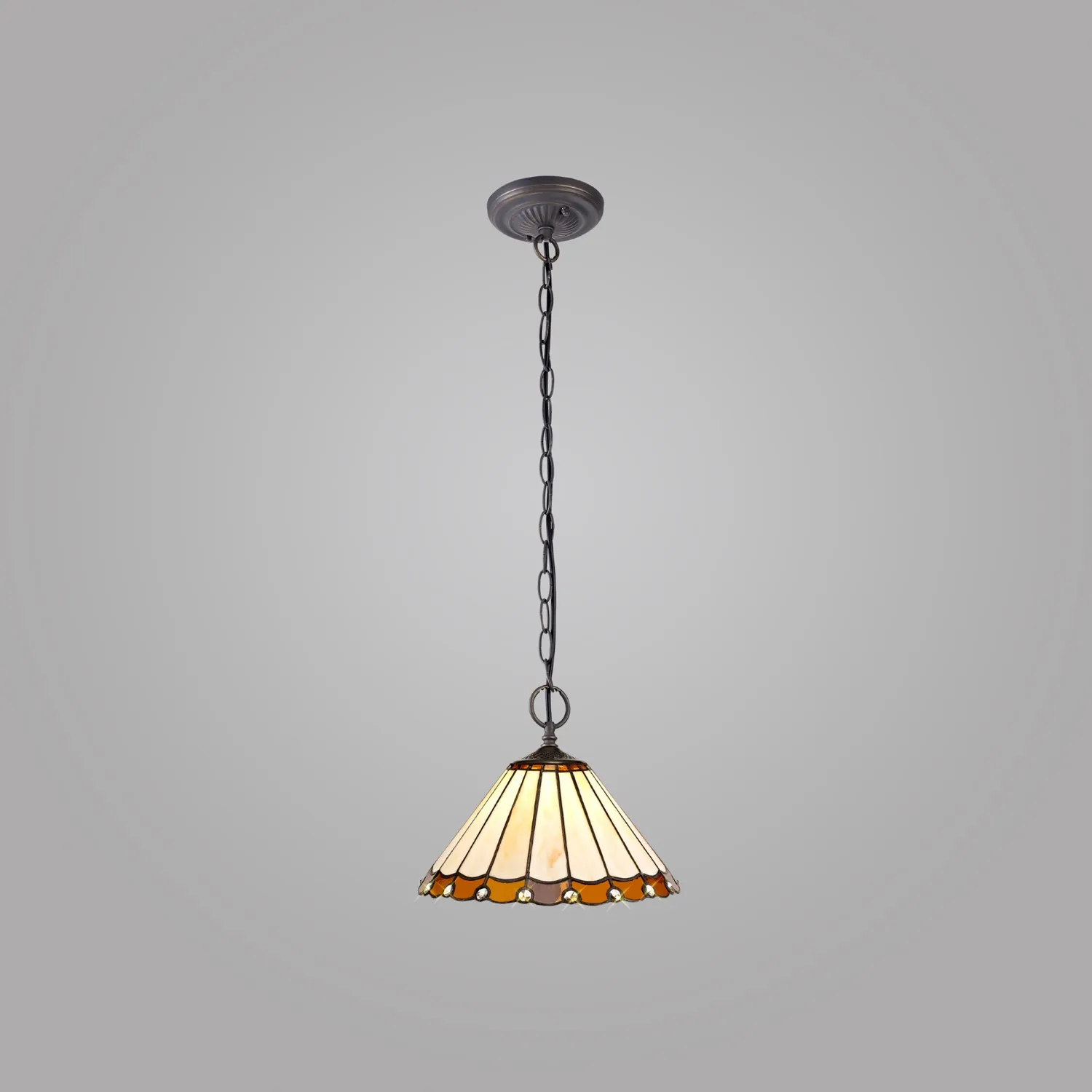 Ware 2 Light Downlighter Pendant E27 With 30cm Tiffany Shade, Amber Cream Crystal Aged Antique Brass