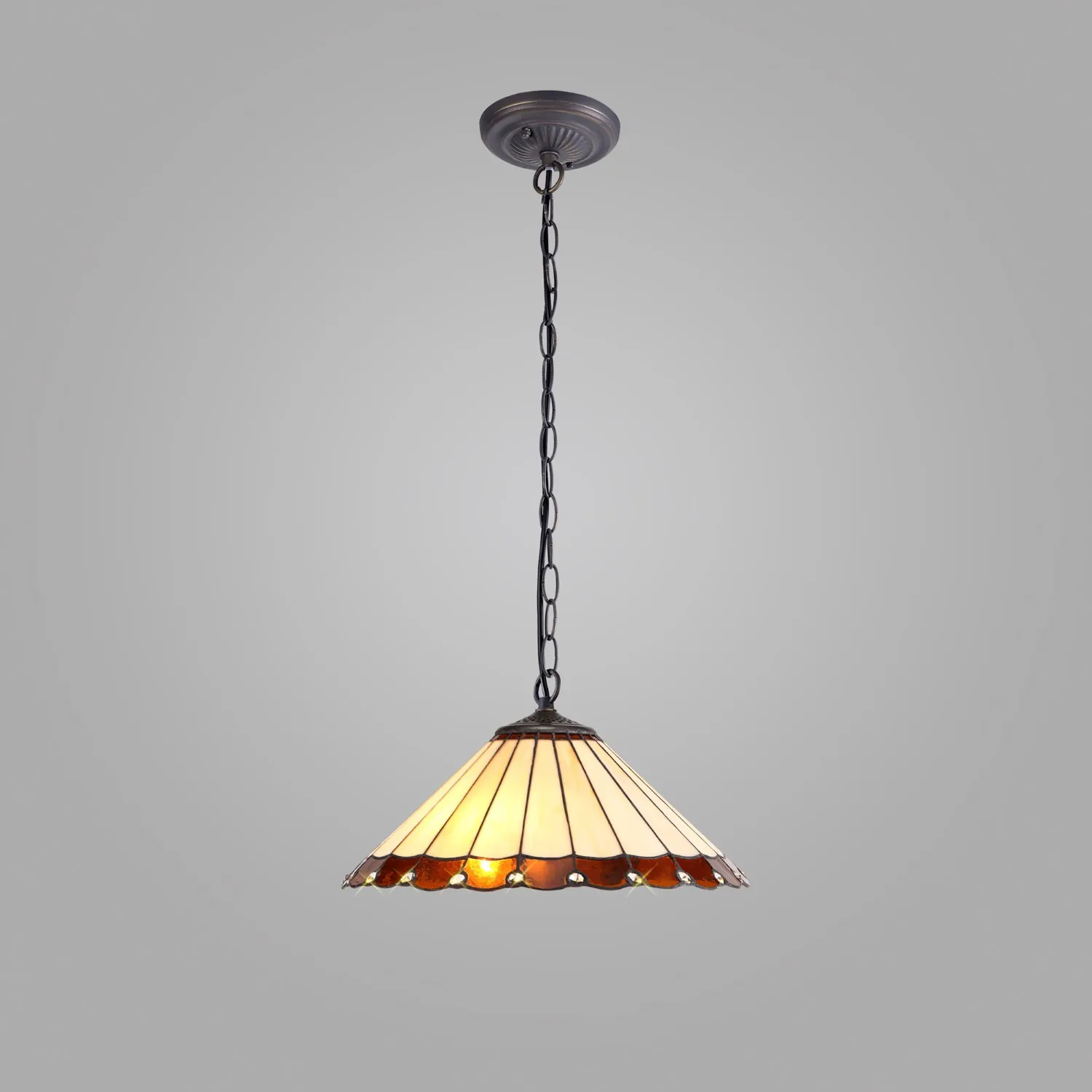 Ware 1 Light Downlighter Pendant E27 With 40cm Tiffany Shade, Amber Cream Crystal Aged Antique Brass