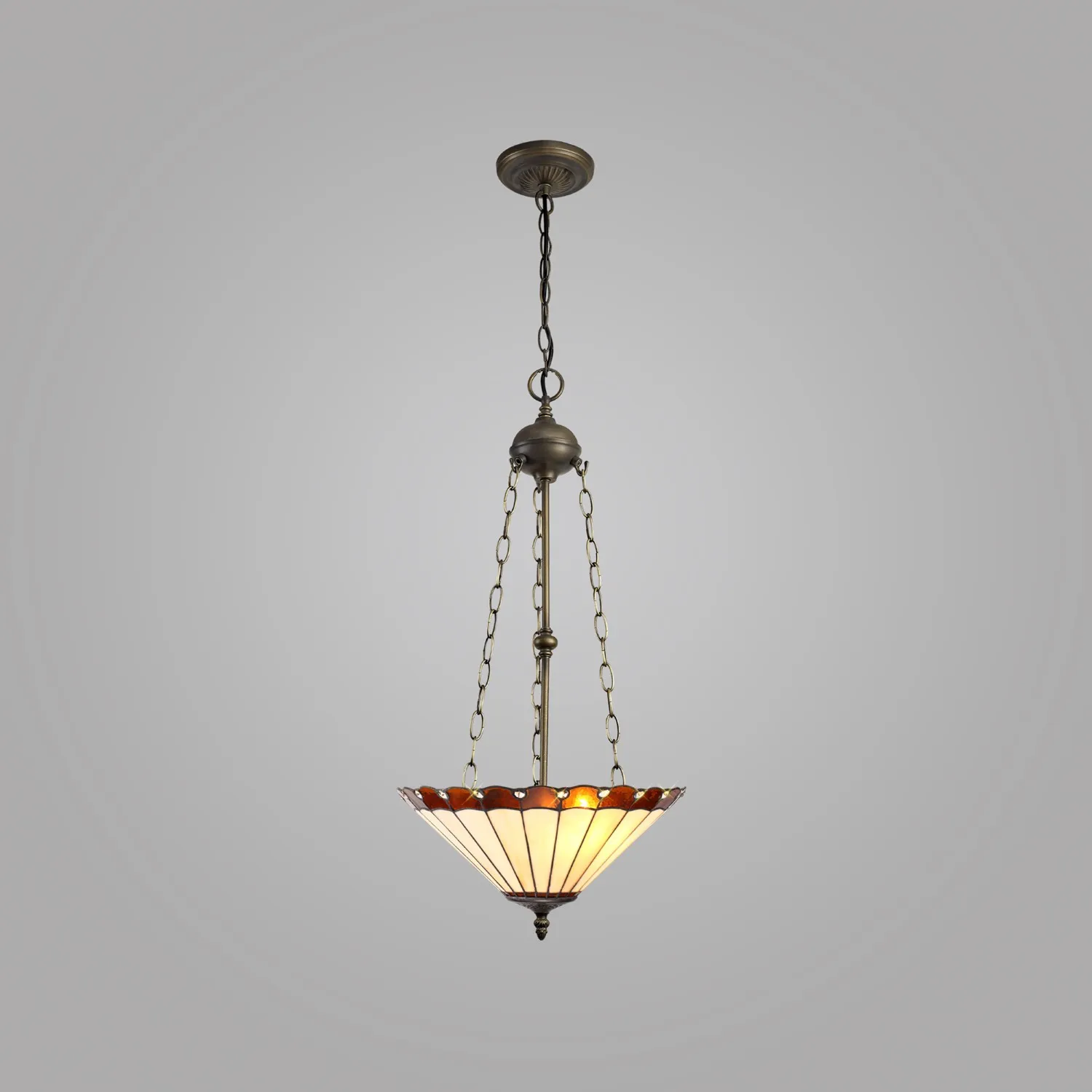 Ware 3 Light Uplighter Pendant E27 With 40cm Tiffany Shade, Amber Cream Crystal Aged Antique Brass