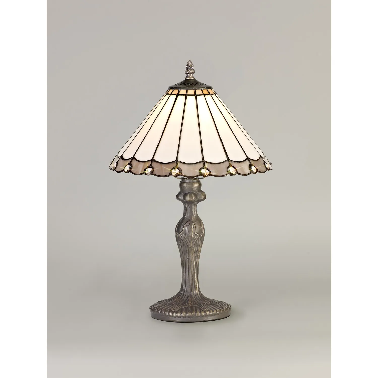 Ware 1 Light Curved Table Lamp E27 With 30cm Tiffany Shade, Grey Cream Crystal Aged Antique Brass