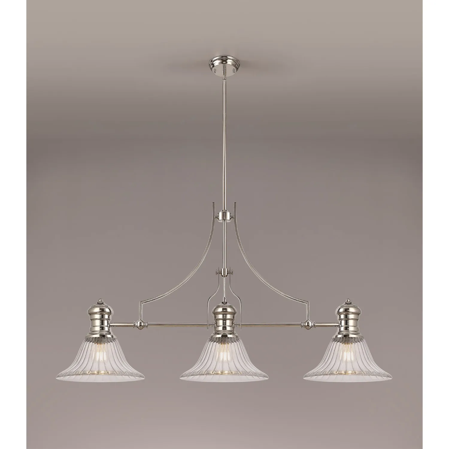 Sandy 3 Light Linear Pendant E27 With 30cm Bell Glass Shade, Polished Nickel, Clear