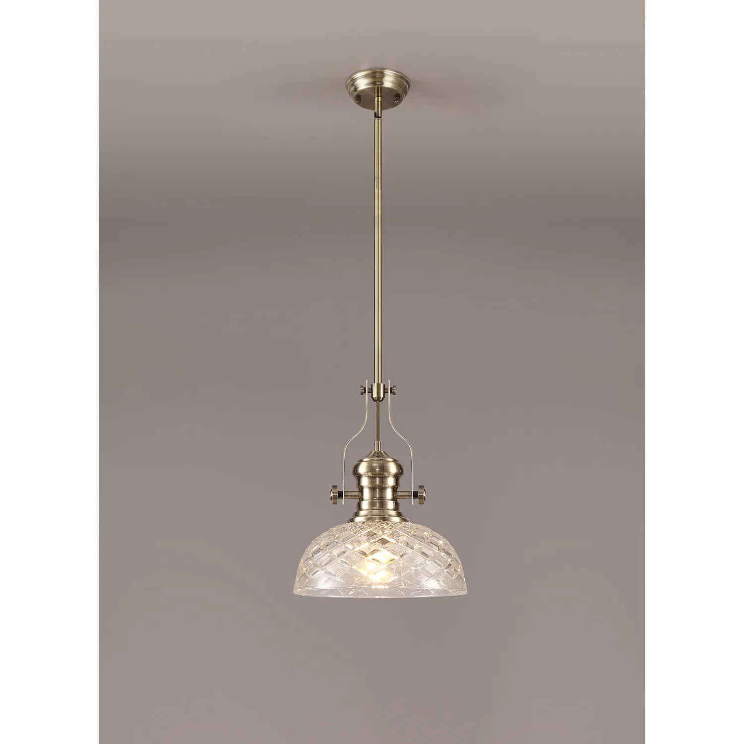 Sandy Pendant With 30cm Flat Round Patterned Shade, 1 x E27, Antique Brass Clear Glass