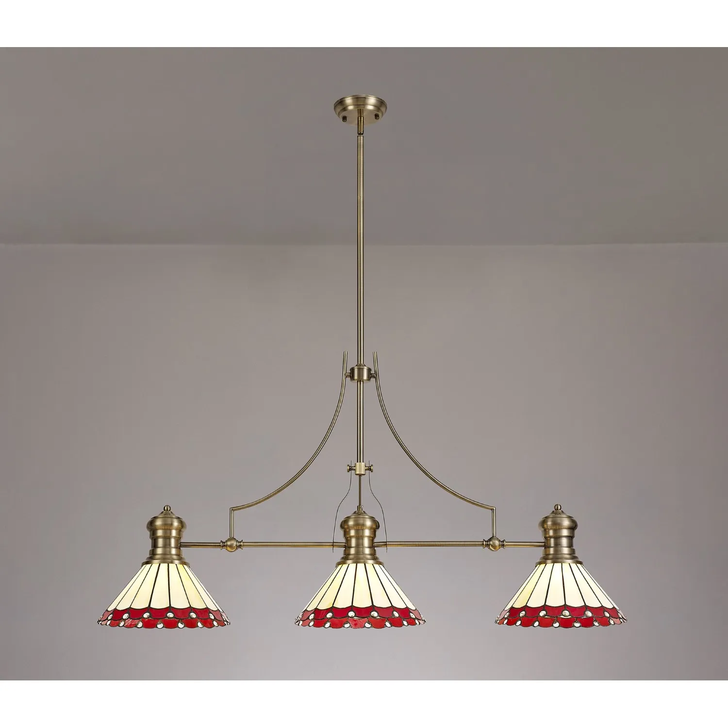 Ware 3 Light Linear Pendant E27 With 30cm Tiffany Shade, Antique Brass, Red, Cream, Crystal