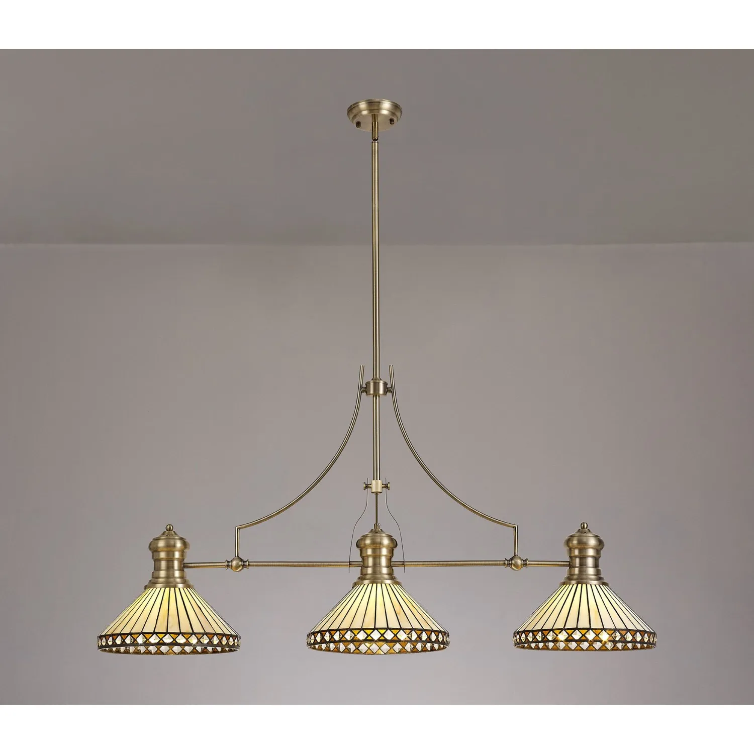 Rayleigh 3 Light Linear Pendant E27 With 30cm Tiffany Shade, Antique Brass, Amber, Cream, Crystal