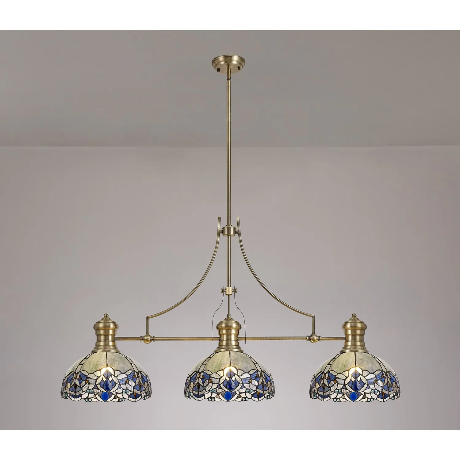 Antique Brass and Blue 3 Light Linear Pendant Tiffany Shades