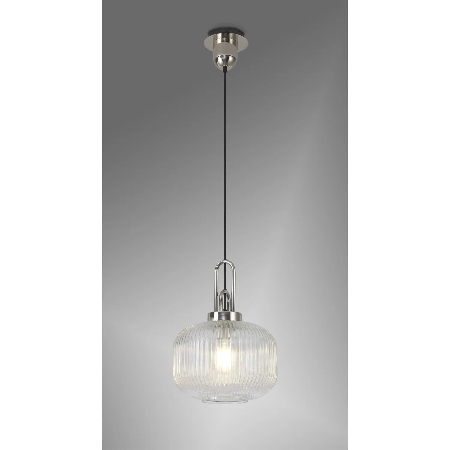 Epsom 1 Light Pendant E27 With 30cm Pumpkin Shaped Ribbed Glass, Clear Polished Nickel Matt Black