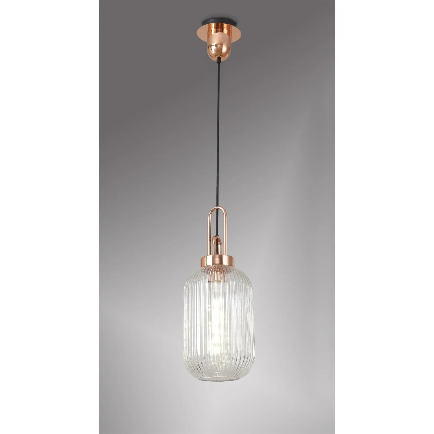 Epsom 1 Light Pendant E27 With 20cm Tubular Ribbed Glass, Clear Copper Matt Black