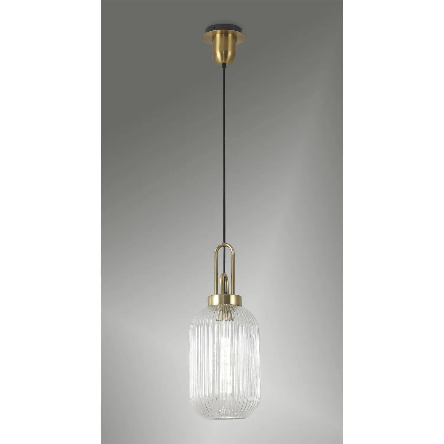 Epsom 1 Light Pendant E27 With 20cm Tubular Ribbed Glass, Clear Brass Gold Matt Black