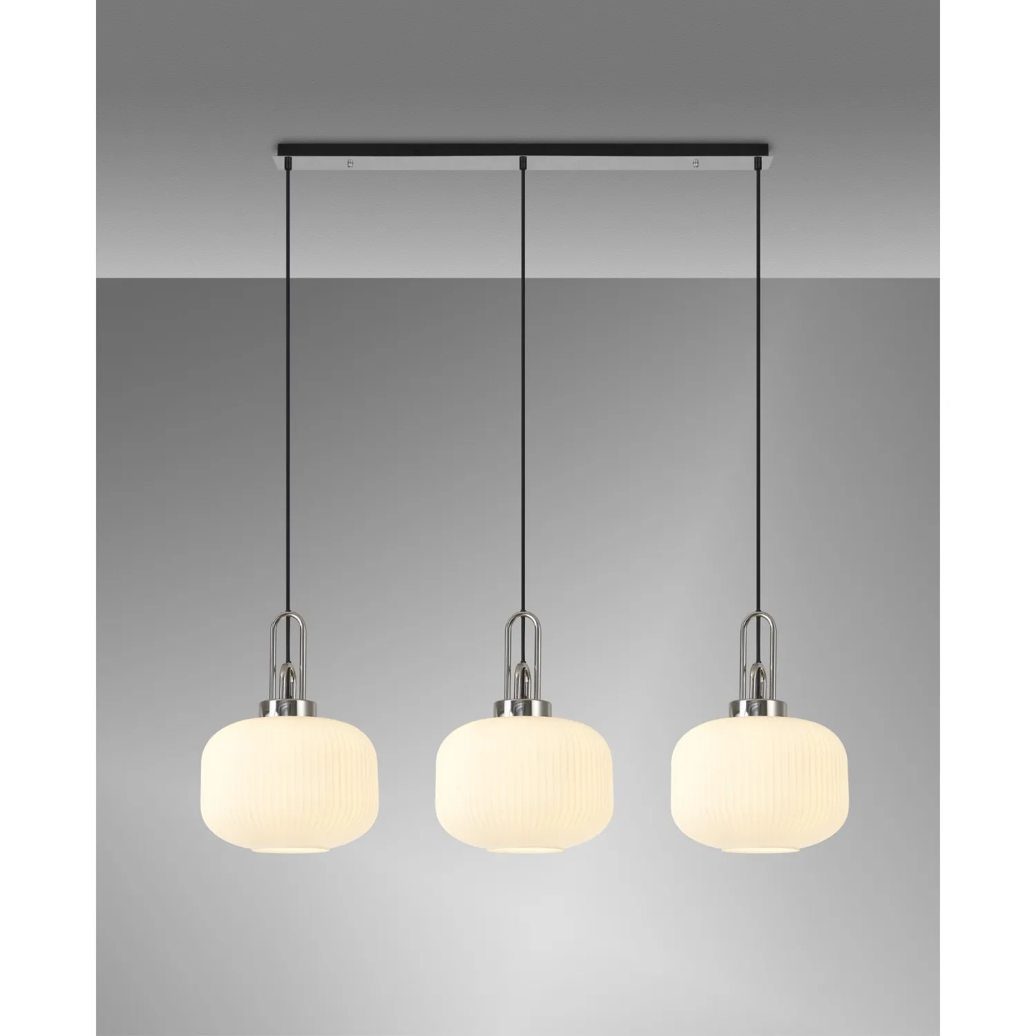 Epsom Linear 3 Light Pendant E27, Polished Nickel Matt Black With 30cm Pumpkin Shaped Ribbed Opal Glass