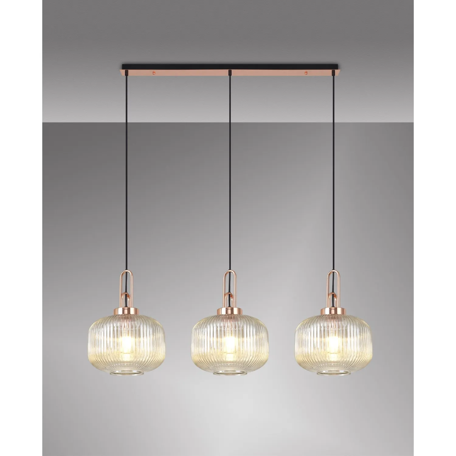 Epsom Linear 3 Light Pendant E27, Copper Matt Black With 30cm Pumpkin Shaped Ribbed Champagne Glass