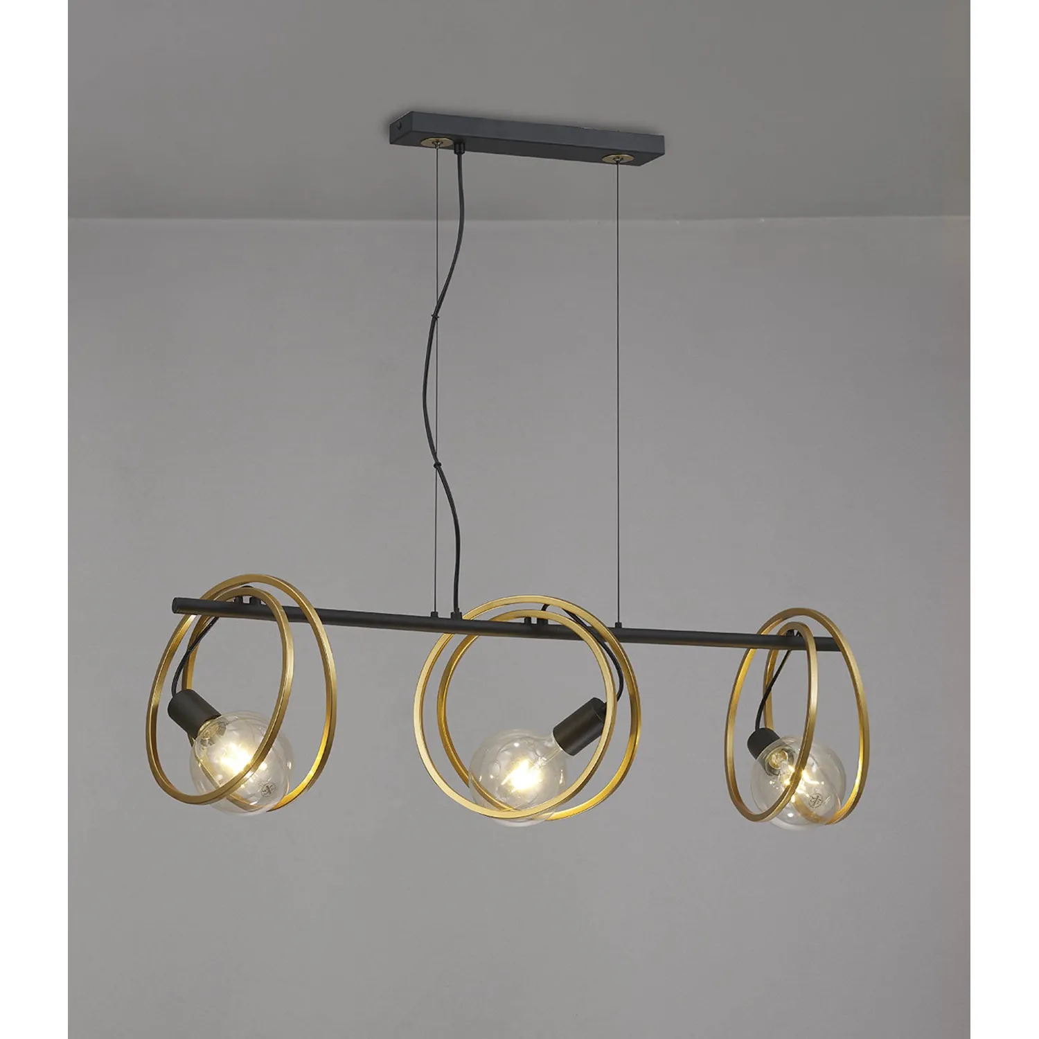 Battersea Double Ring Linear Pendant, 3 Light E27, Matt Black Painted Gold, G95 120 Lamp Recommended