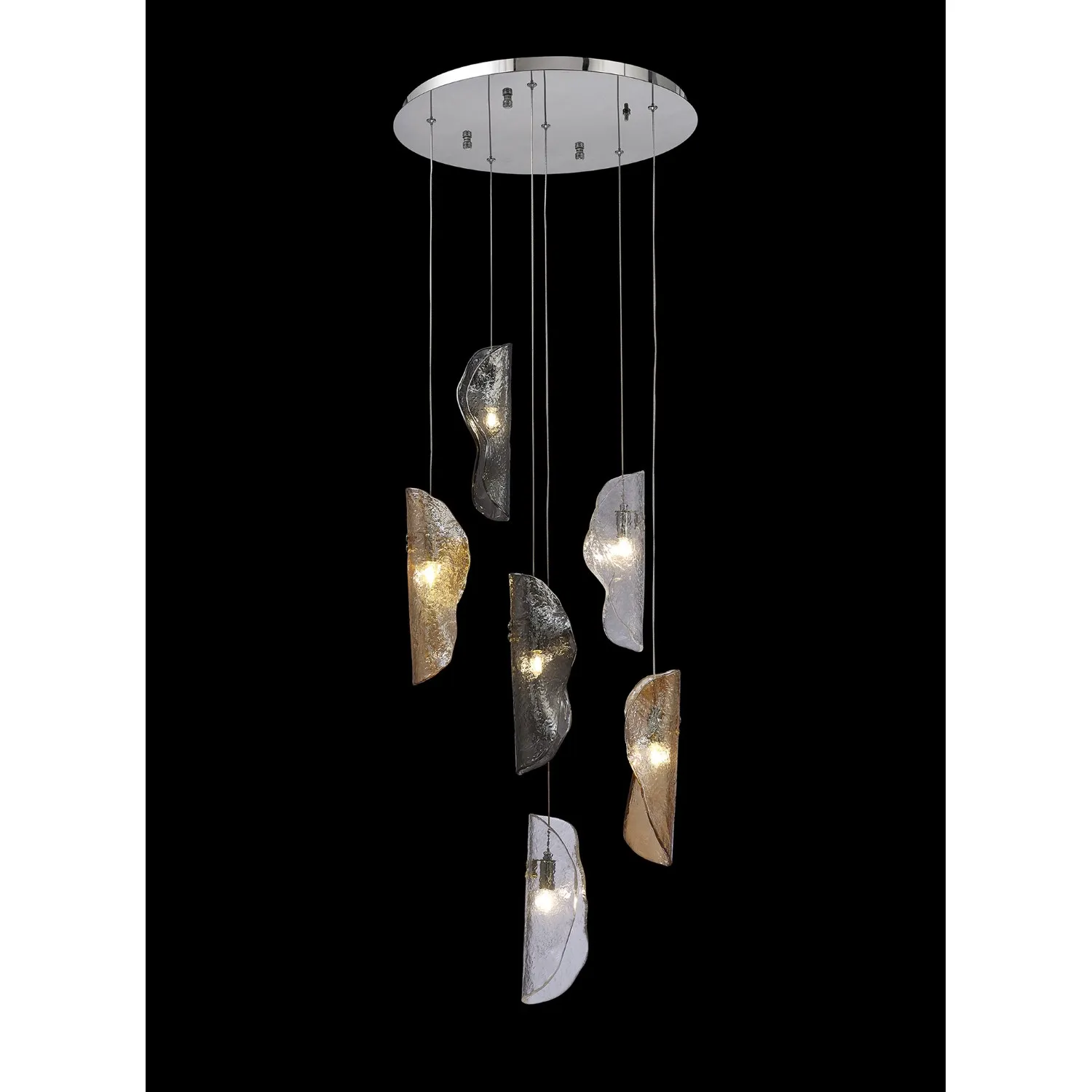 Loughton Pendant 2.5m, 6 x G9, Polished Chrome Clear And Amber And Smoked Glass