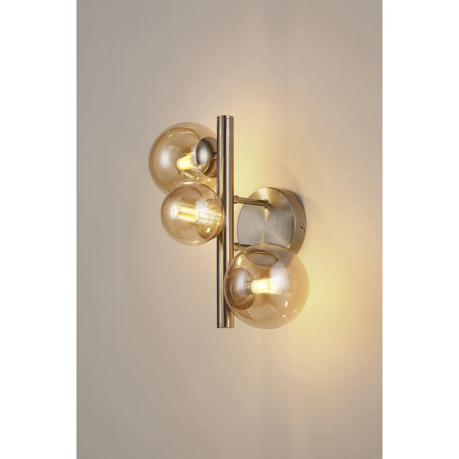 Tenterden Wall Lamp, 3 x G9, Satin Nickel, Amber Plated Glass