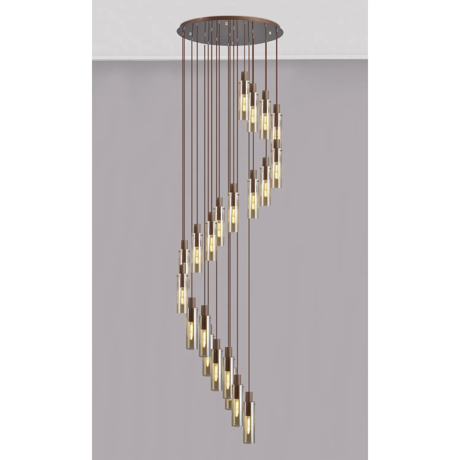 Bexley Round Pendant, 21 Light Adjustable E27, Mocha Amber Glass, Item Weight: 38.2kg