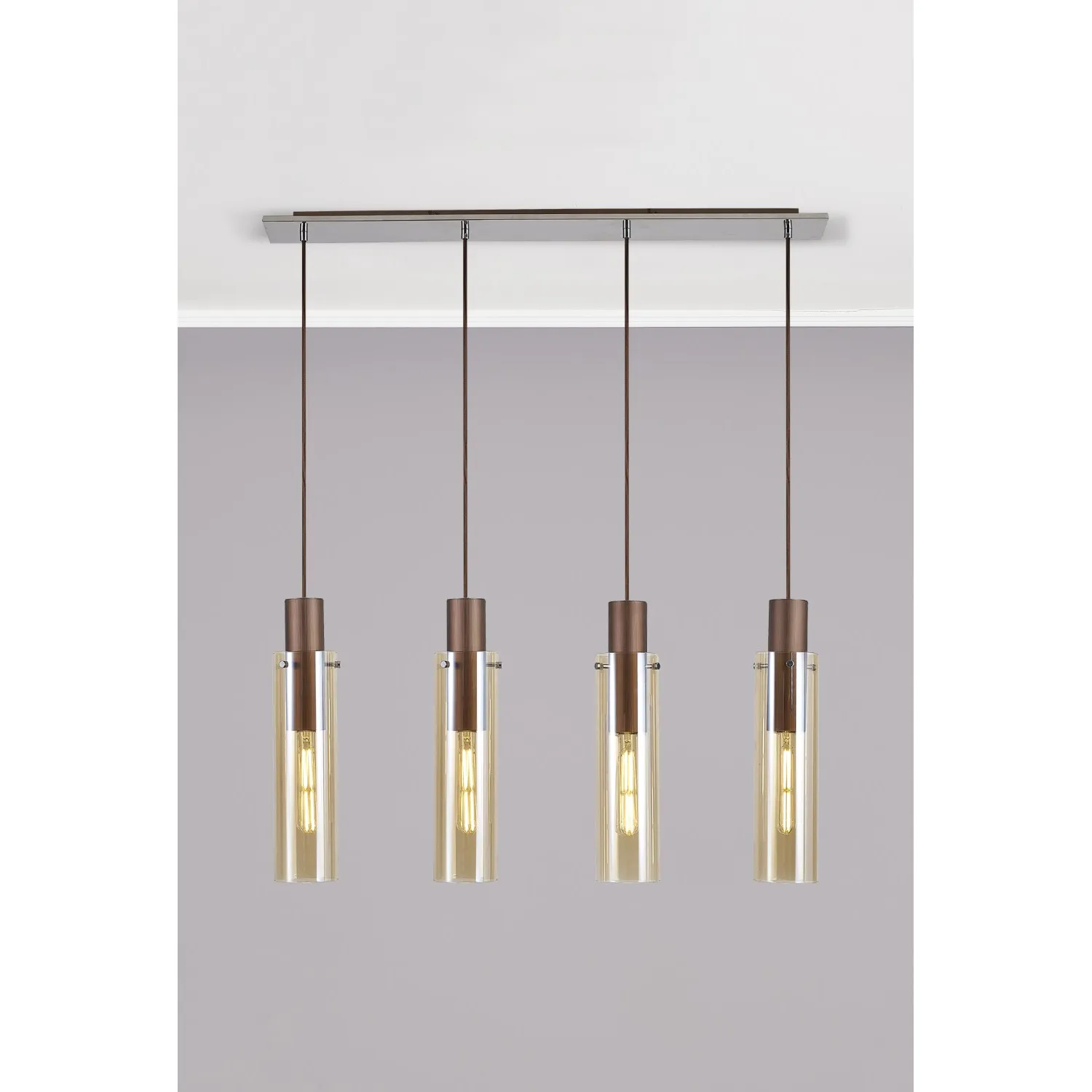 Bexley Linear Pendant, 4 Light Adjustable E27, Mocha Amber Glass