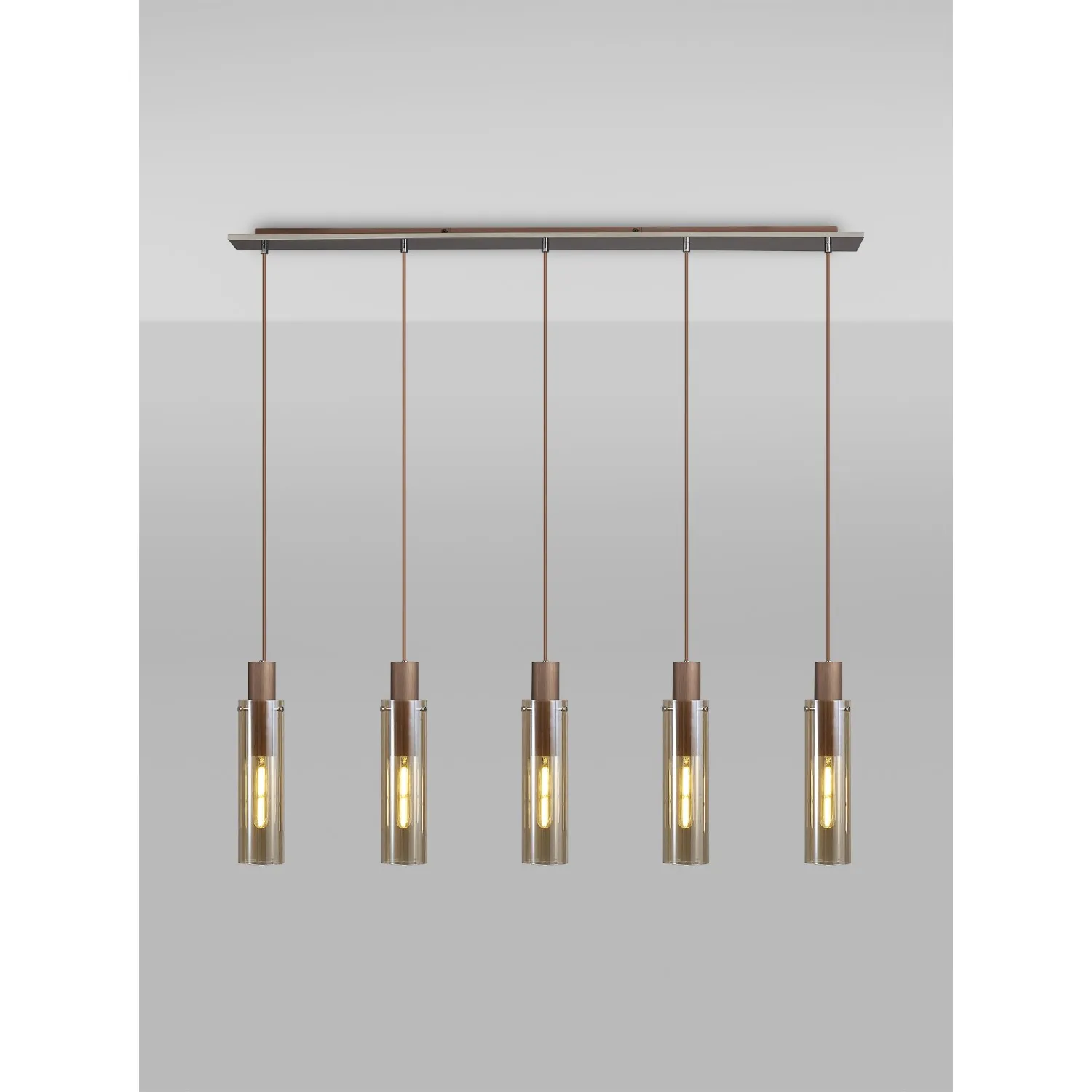 Bexley Linear Pendant, 5 Light Adjustable E27, Mocha Amber Glass