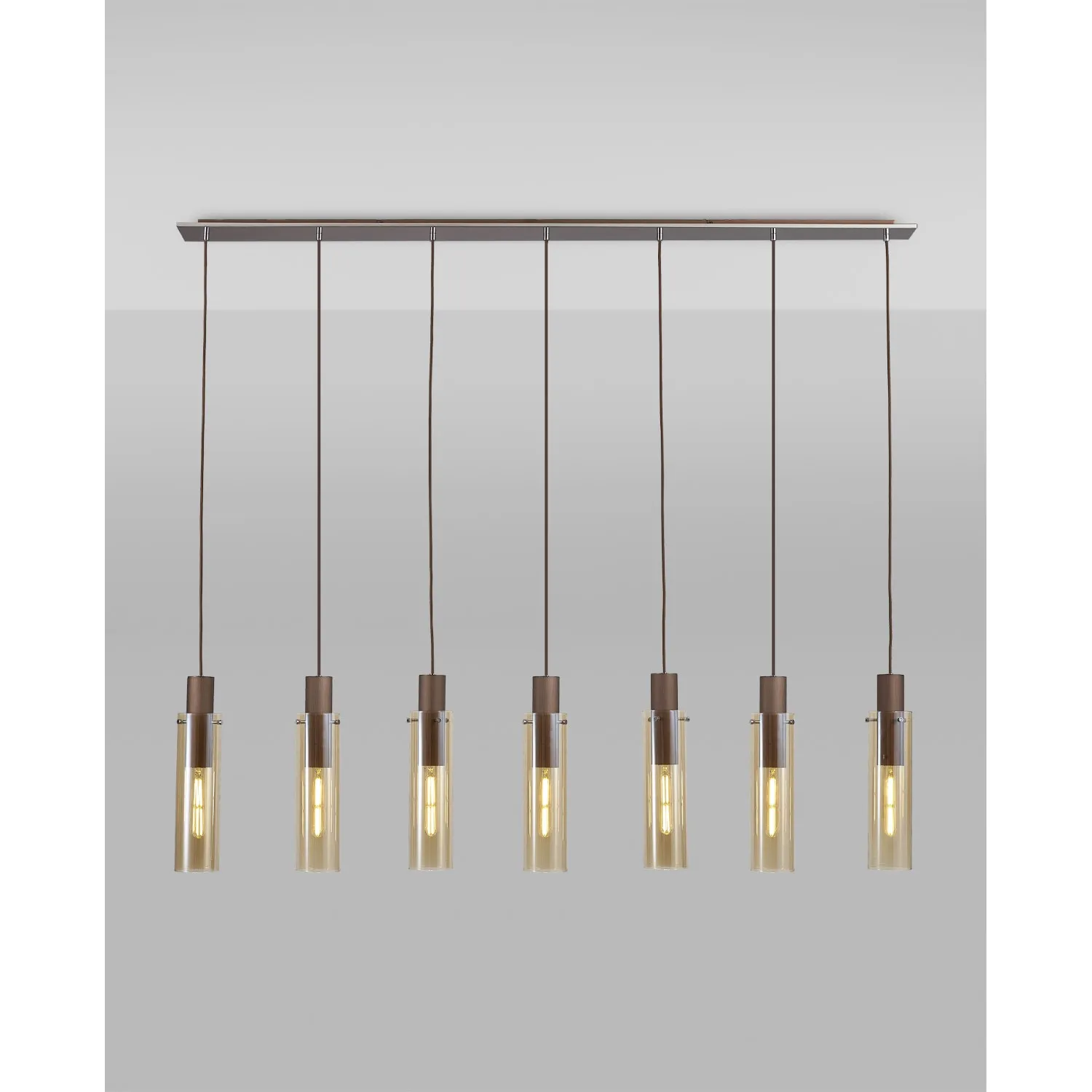 Bexley Linear Pendant, 7 Light Adjustable E27, Mocha Amber Glass