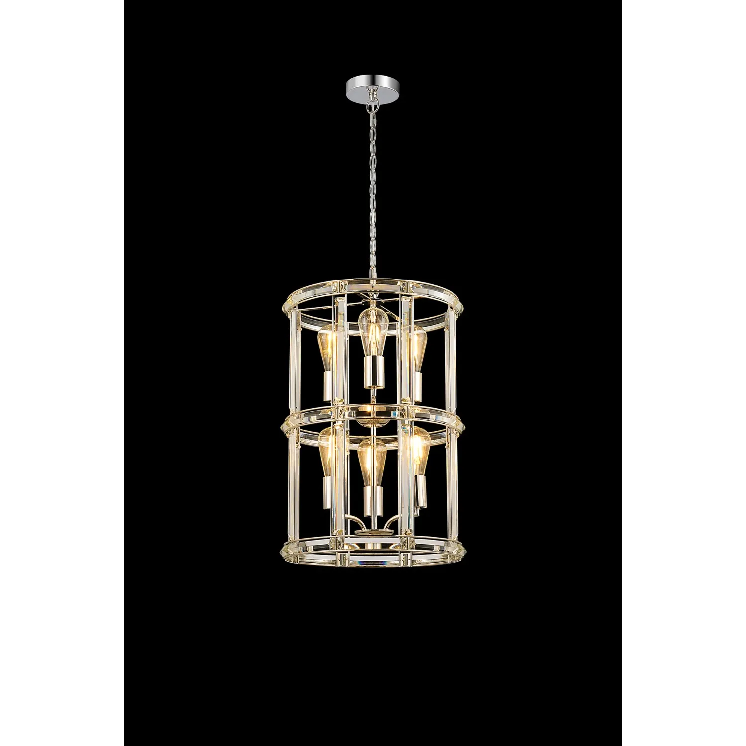 Woolwich Small Round Column Pendant, 6 Light E27, Polished Nickel