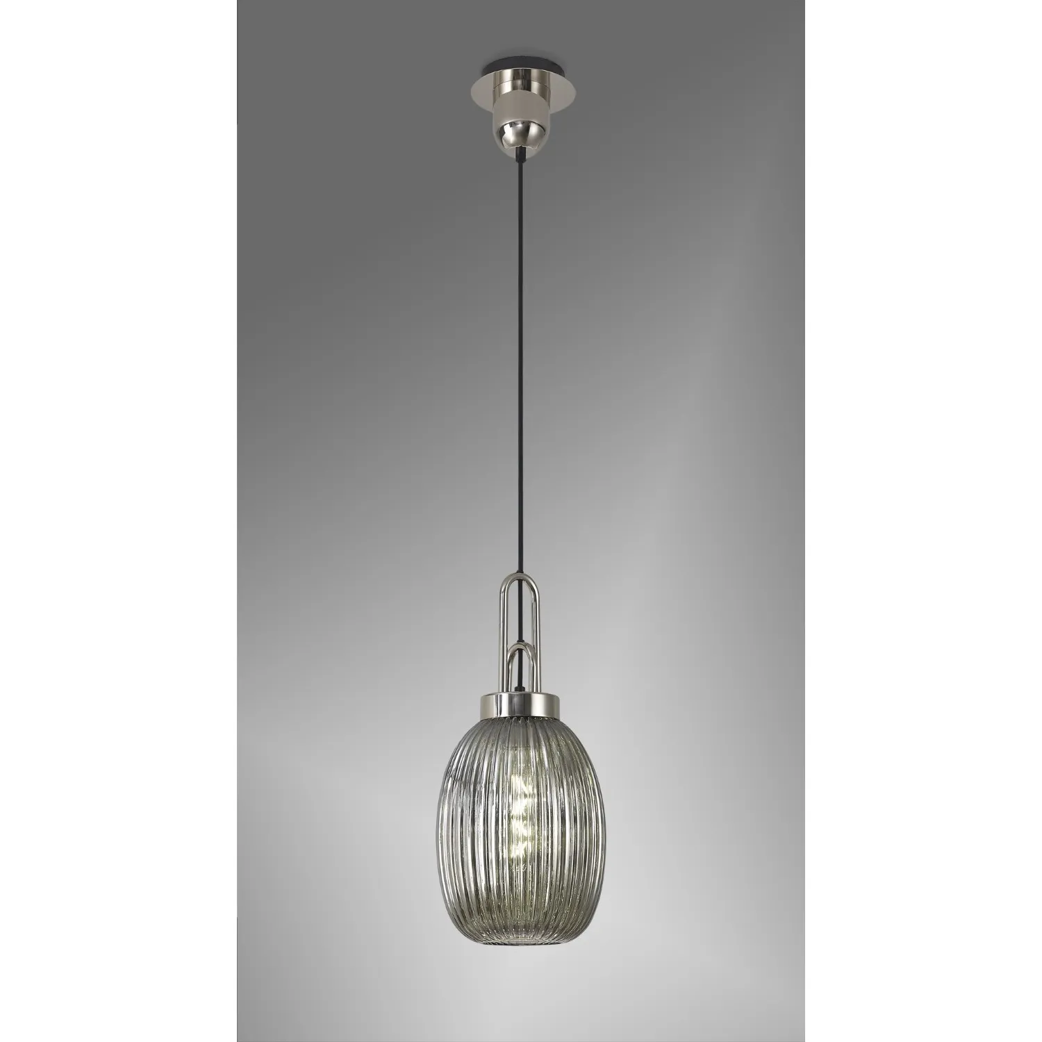 Epsom 1 Light Pendant E27 With 20cm Almond Ribbed Glass, Smoked Polished Nickel Matt Black