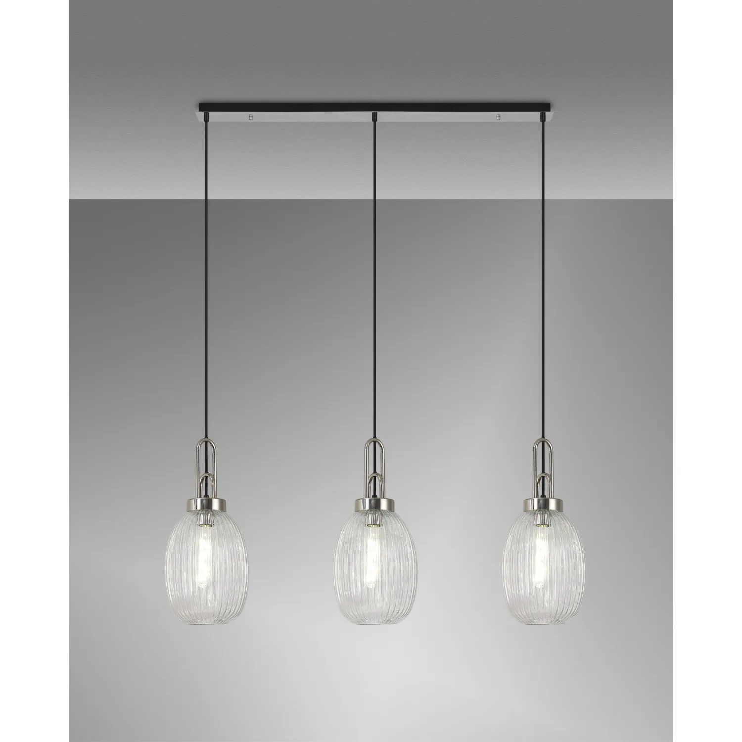 Epsom Linear 3 Light Pendant E27 With 20cm Almond Ribbed Glass, Clear Polished Nickel Matt Black