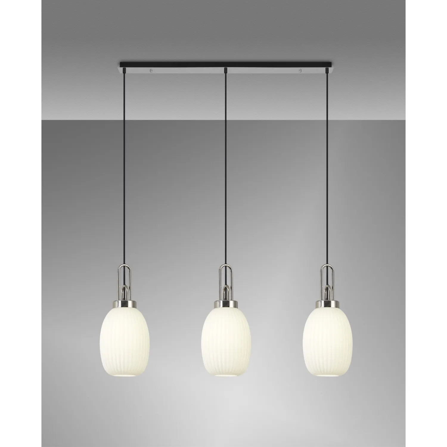 Epsom Linear 3 Light Pendant E27 With 20cm Almond Ribbed Glass, Opal Polished Nickel Matt Black