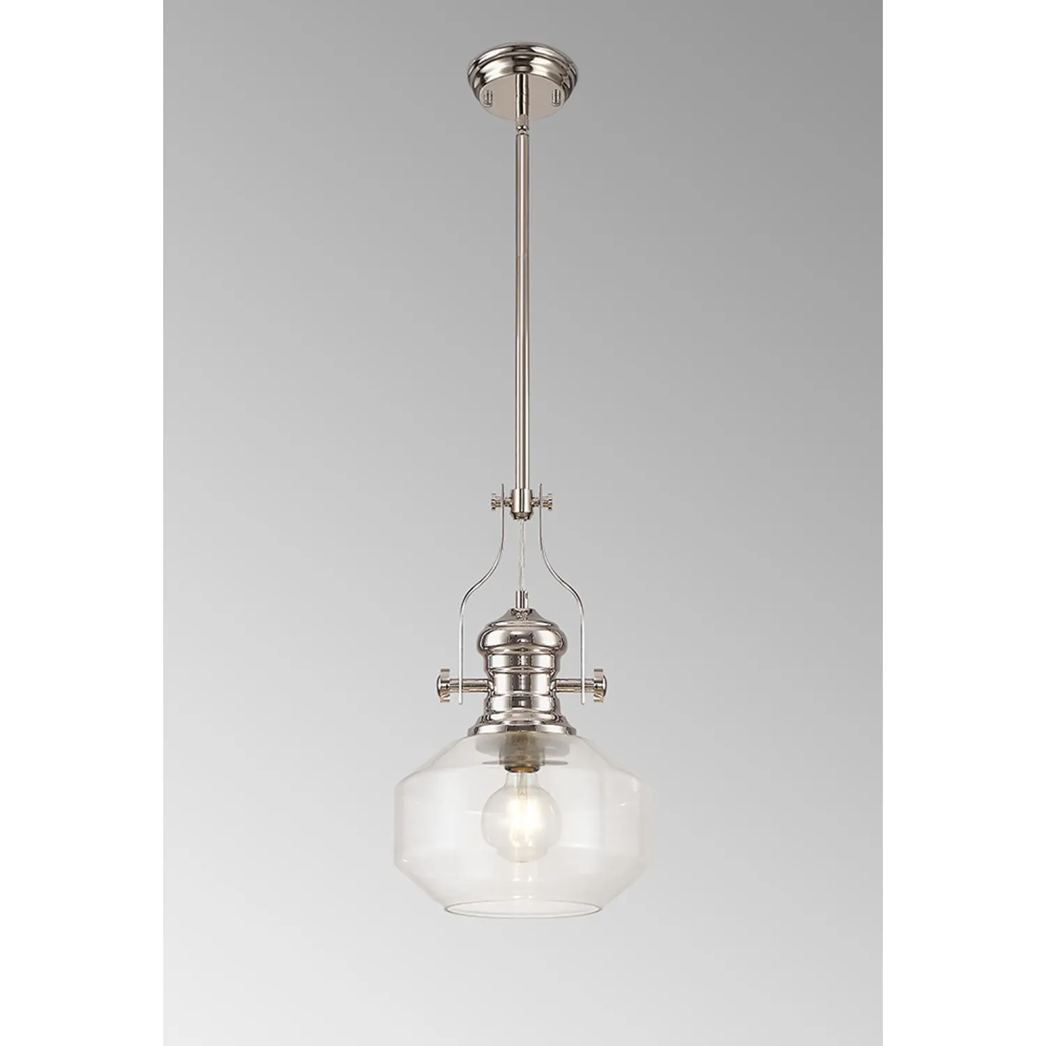 Sandy Single Pendant, 1 x E27, Round Champfered Glass, Polished Nickel Clear