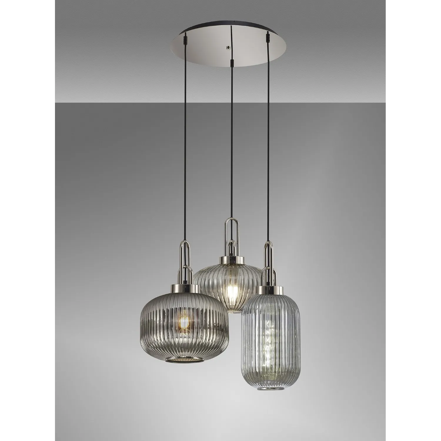 Epsom 2m Round Pendant 3 Light E27 With Various Glasses, Polished Nickel Smoked Matt Black