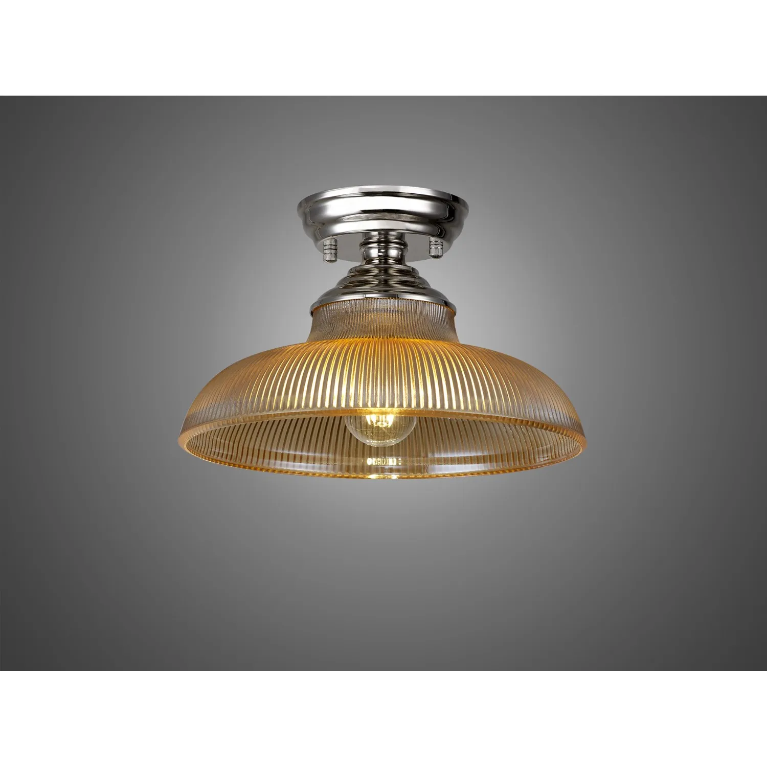 Billericay 1 Light Flush Ceiling E27 With Round 30cm Glass Shade Polished Nickel Amber