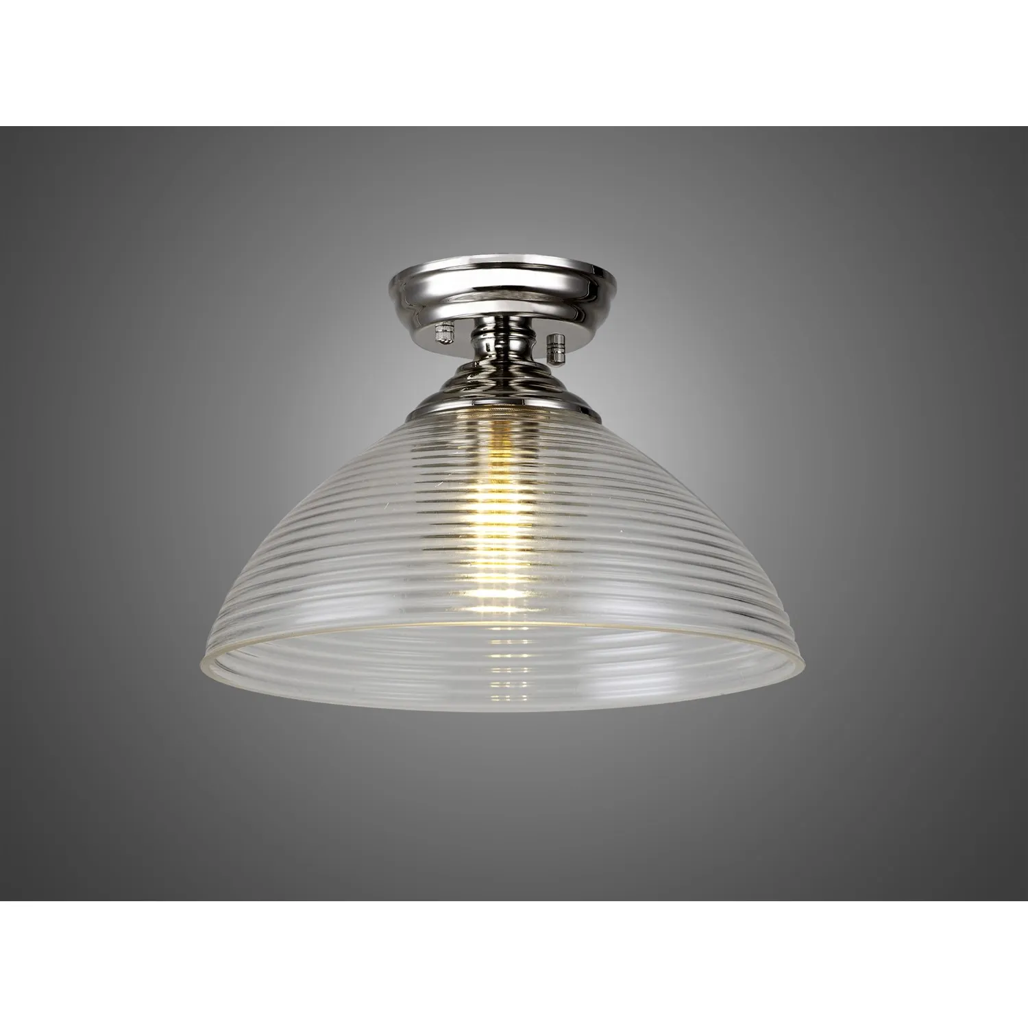 Billericay 1 Light Flush Ceiling E27 With Round 33.5cm Prismatic Effect Glass Shade Polished Nickel Clear