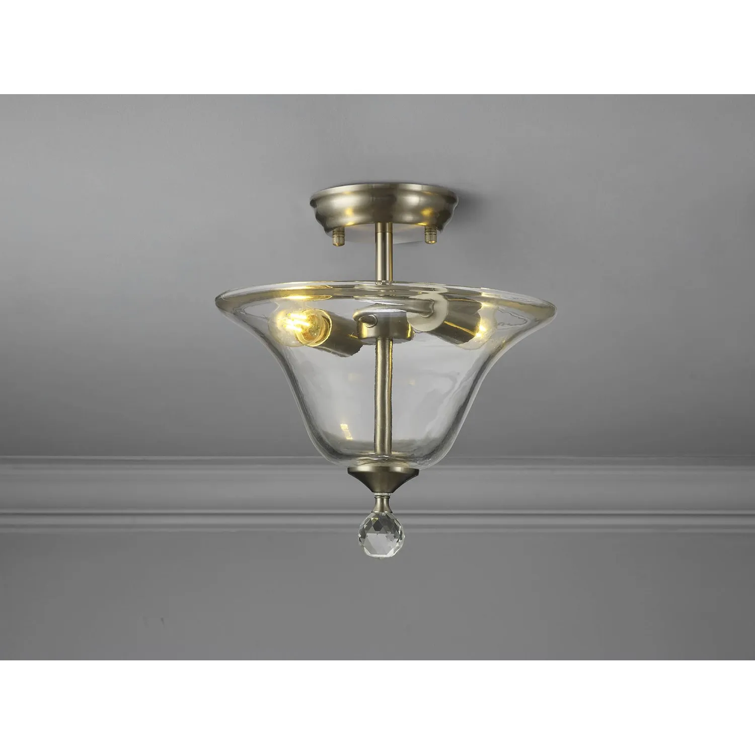 Billericay 2 Light Semi Flush Ceiling E27 With Smooth Bell 30cm Glass Shade Satin Nickel Clear