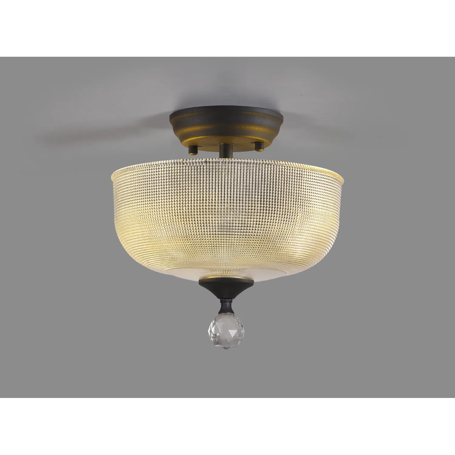 Billericay 2 Light Semi Flush Ceiling E27 With Round 26.5cm Prismatic Effect Glass Shade Graphite Clear