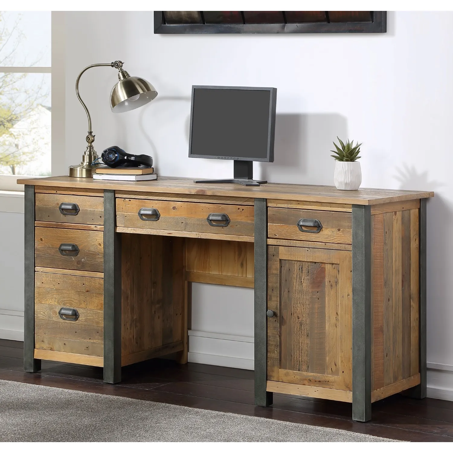 Industrial Reclaimed Wood Large Twin Pedestal Desk